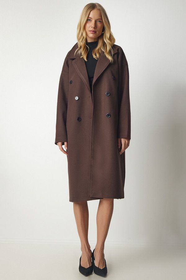 Happiness İstanbul Happiness İstanbul Women's Brown Double Breasted Collar Oversize Cachet Coat