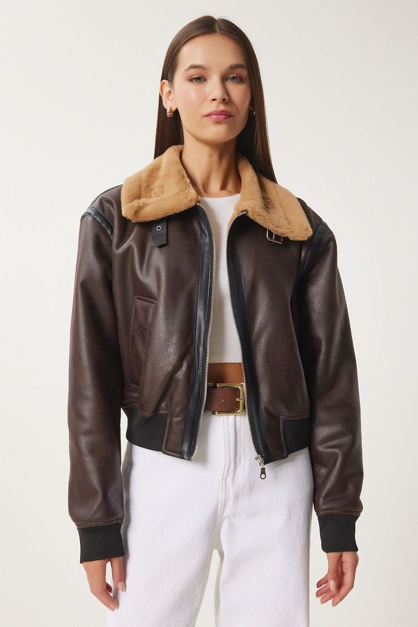 Happiness İstanbul Happiness İstanbul Women's Brown Faux Leather Bomber Jacket