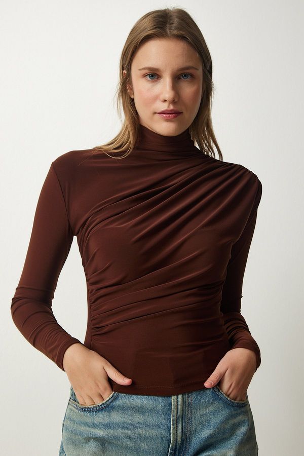 Happiness İstanbul Happiness İstanbul Women's Brown Gathered Detailed High Neck Sandy Blouse