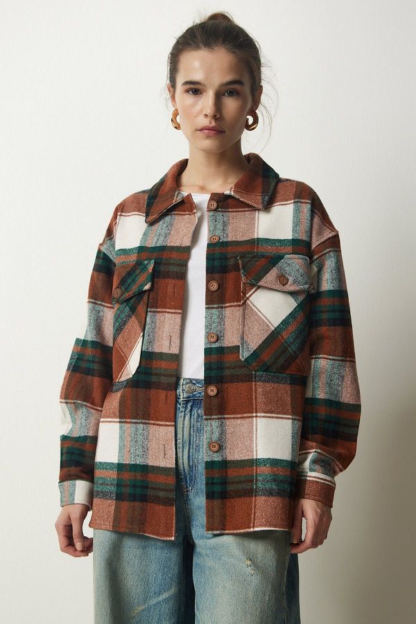 Happiness İstanbul Happiness İstanbul Women's Brown Green Lumberjack Stamp Shirt Jacket