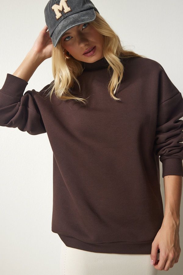 Happiness İstanbul Happiness İstanbul Women's Brown High Neck Basic Raised Sweatshirt