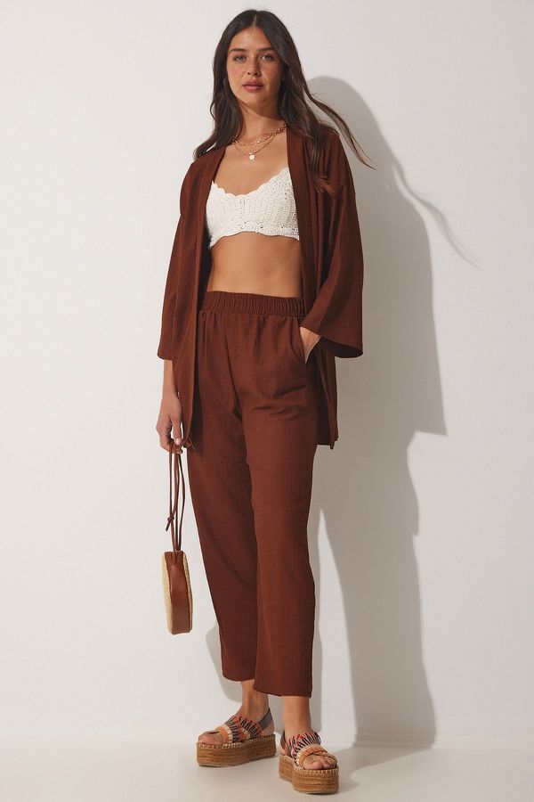 Happiness İstanbul Happiness İstanbul Women's Brown Kimono Pants Knit Set