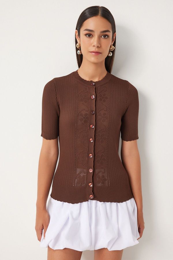 Happiness İstanbul Happiness İstanbul Women's Brown Openwork Seasonal Knitwear Cardigan