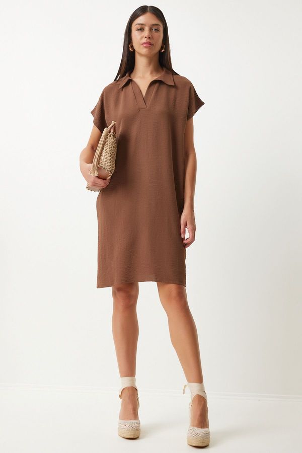 Happiness İstanbul Happiness İstanbul Women's Brown Polo Neck Summer Loose Linen Ayrobin Dress