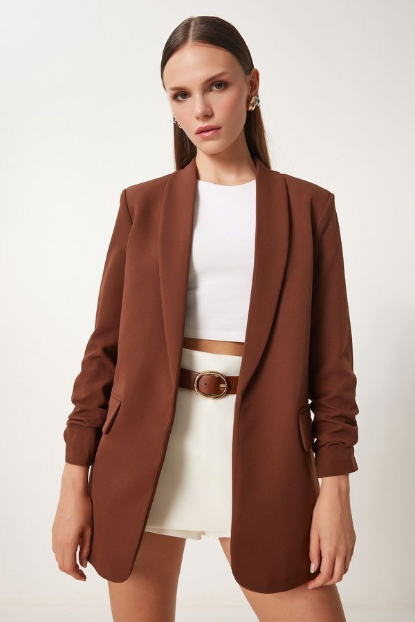 Happiness İstanbul Happiness İstanbul Women's Brown Shawl Collar Gathered Detailed Woven Blazer Jacket