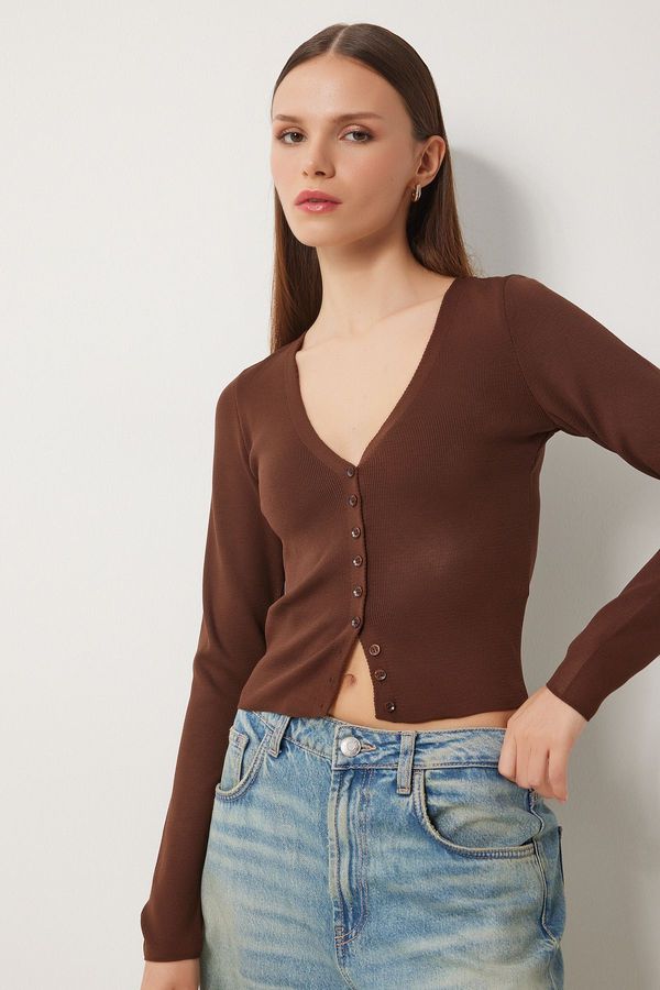 Happiness İstanbul Happiness İstanbul Women's Brown V-Neck Knitwear Cardigan