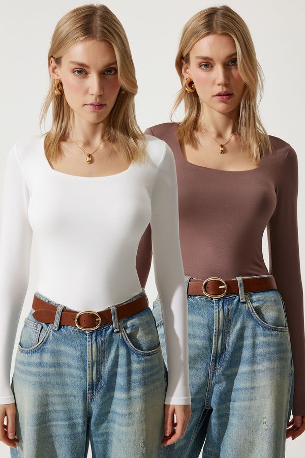 Happiness İstanbul Happiness İstanbul Women's Brown White Square Neck Double Pack Knitted Blouse