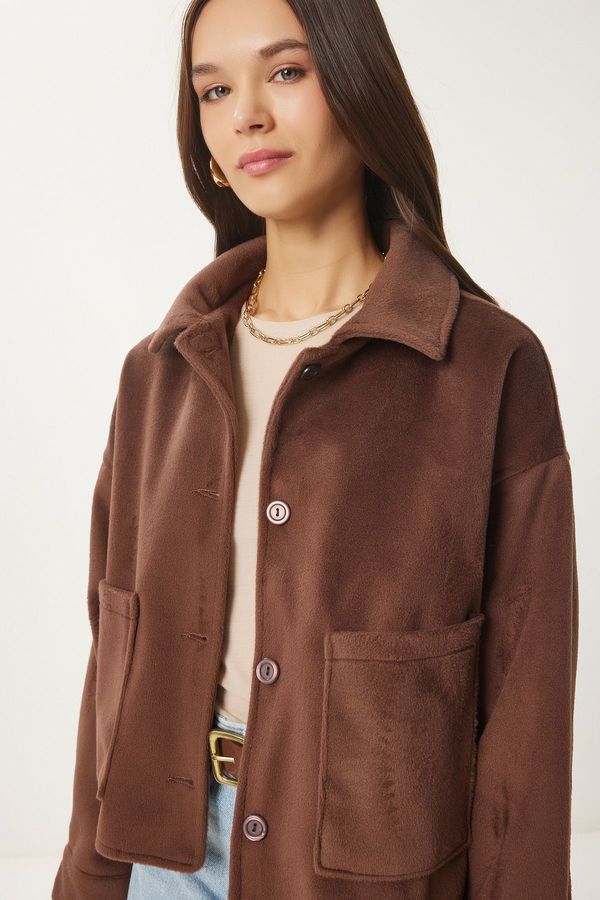 Happiness İstanbul Happiness İstanbul Women's Brown Wide Pocket Soft Stamp Jacket