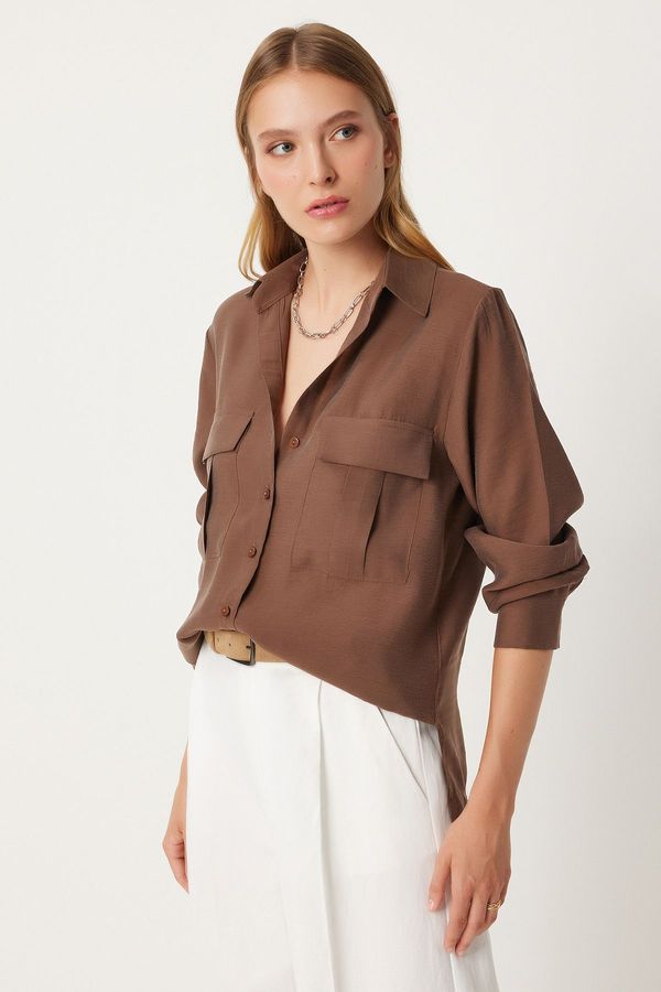 Happiness İstanbul Happiness İstanbul Women's Brown Wide Pocket Tencel Shirt