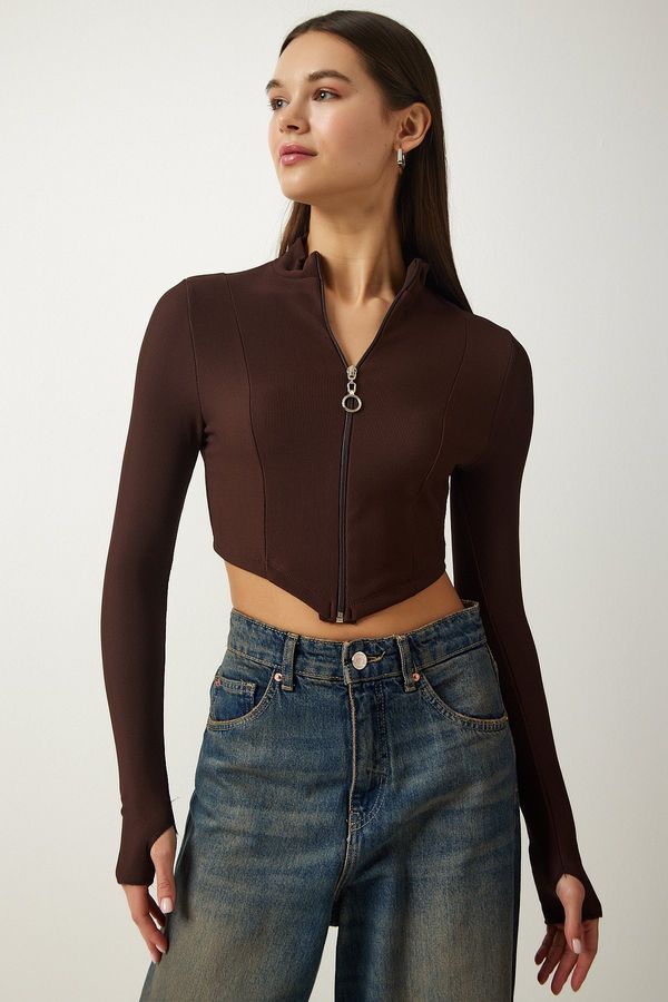 Happiness İstanbul Happiness İstanbul Women's Brown Zippered Turtleneck Crop Knitted Blouse