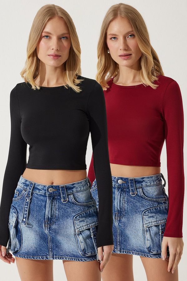 Happiness İstanbul Happiness İstanbul Women's Burgundy Black Crew Neck Basic 2-Pack Crop Knitted Blouse