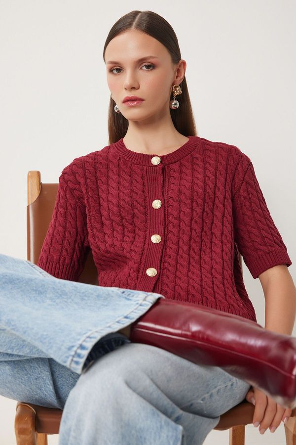 Happiness İstanbul Happiness İstanbul Women's Burgundy Crew Neck Hair Knitted Sweater Cardigan