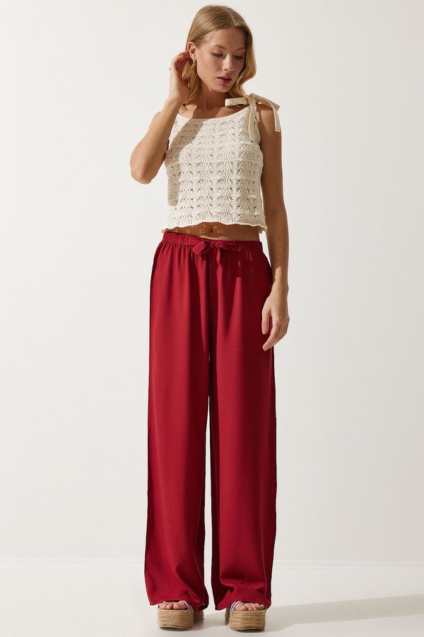 Happiness İstanbul Happiness İstanbul Women's Burgundy Flowy Knitted Palazzo Trousers