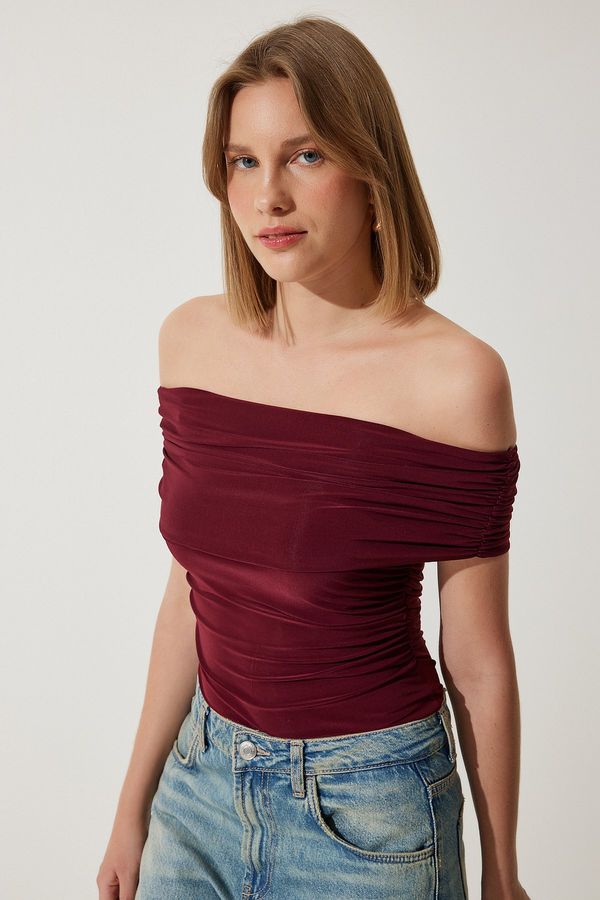 Happiness İstanbul Happiness İstanbul Women's Burgundy Gathered Open Shoulder Sandy Blouse