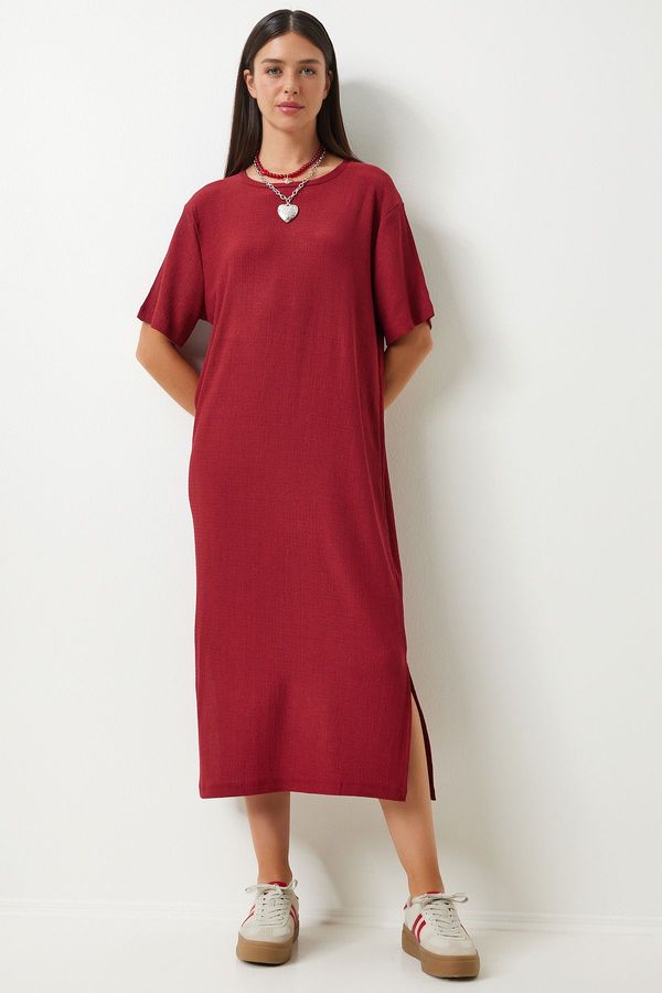 Happiness İstanbul Happiness İstanbul Women's Burgundy Loose Long Daily Summer Knitted Dress