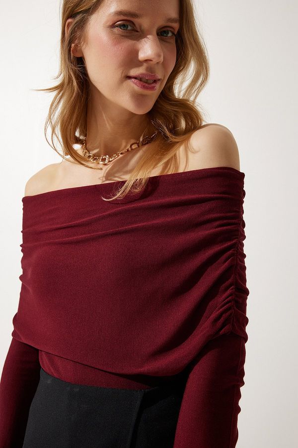 Happiness İstanbul Happiness İstanbul Women's Burgundy Off-Shoulder Gathered Detailed Blouse