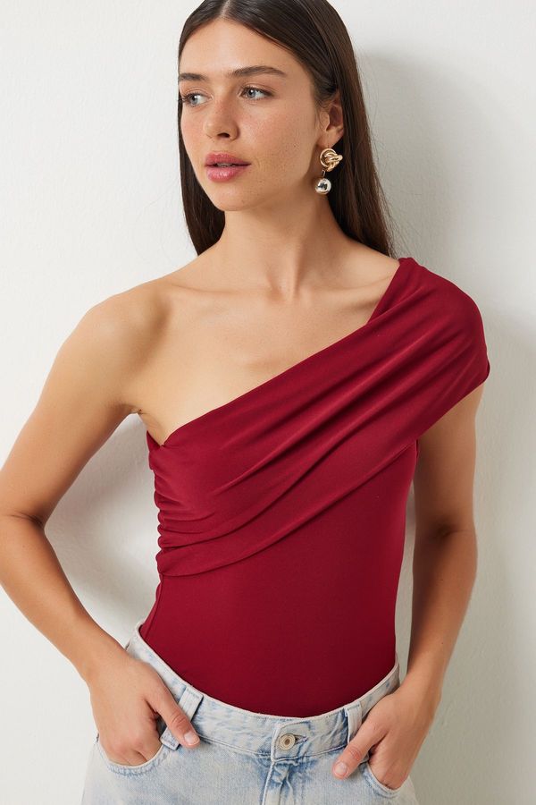 Happiness İstanbul Happiness İstanbul Women's Burgundy One Shoulder Gathered Knitted Blouse