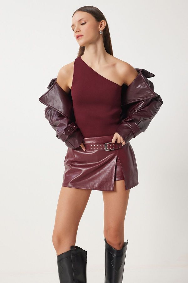 Happiness İstanbul Happiness İstanbul Women's Burgundy One Shoulder Wrap Knit Blouse