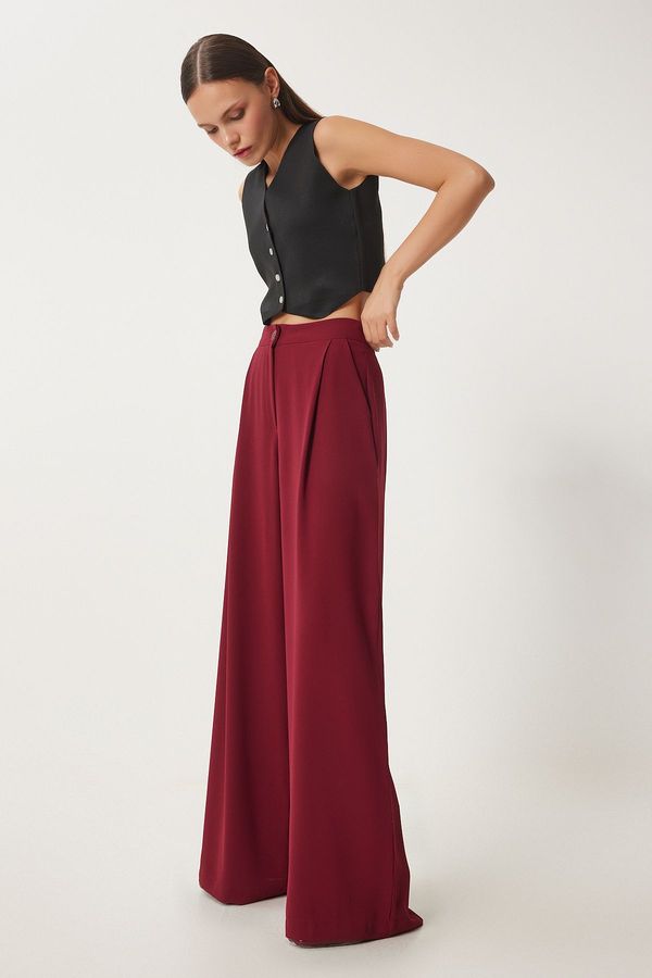 Happiness İstanbul Happiness İstanbul Women's Burgundy Pocketed Woven Palazzo Trousers