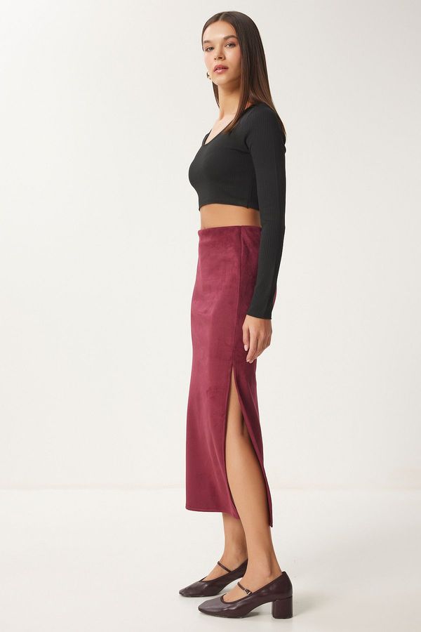 Happiness İstanbul Happiness İstanbul Women's Burgundy Slit Long Suede Woven Skirt