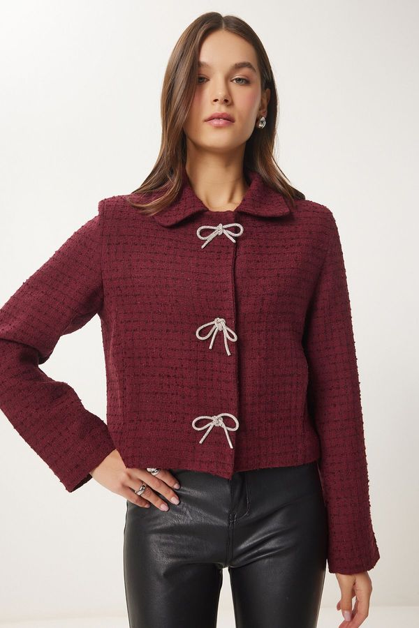 Happiness İstanbul Happiness İstanbul Women's Burgundy Stylish Bow Detailed Tweed Jacket
