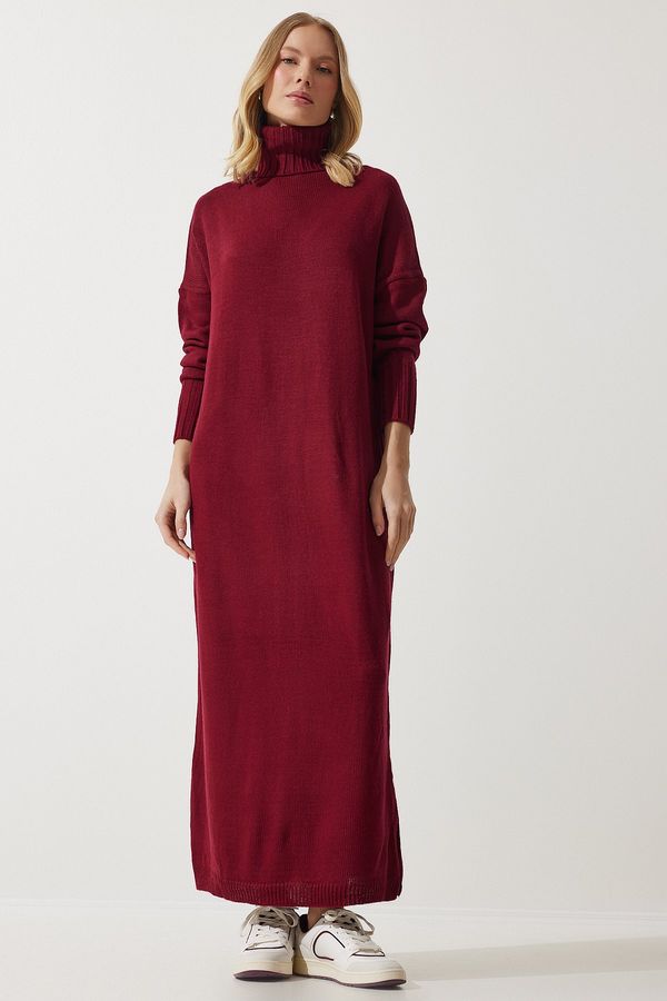 Happiness İstanbul Happiness İstanbul Women's Burgundy Turtleneck Slit Oversize Knitwear Dress