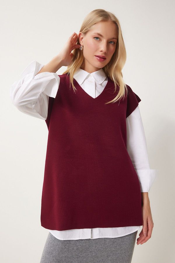 Happiness İstanbul Happiness İstanbul Women's Burgundy V Neck Belted Long Knit Sweater
