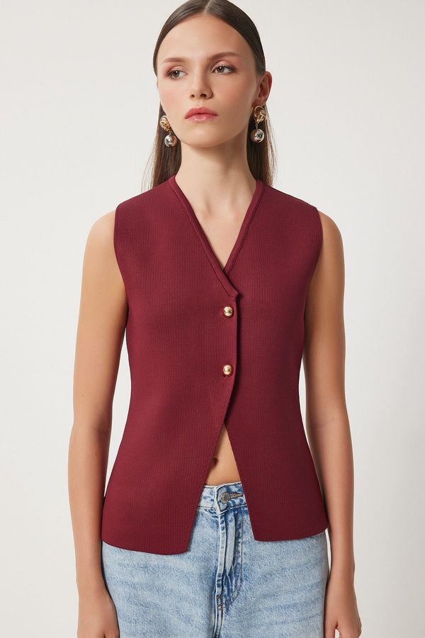 Happiness İstanbul Happiness İstanbul Women's Burgundy V-Neck Stylish Buttoned Knit Vest
