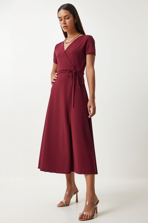 Happiness İstanbul Happiness İstanbul Women's Burgundy V-Neck Wrap Midi Knitted Dress