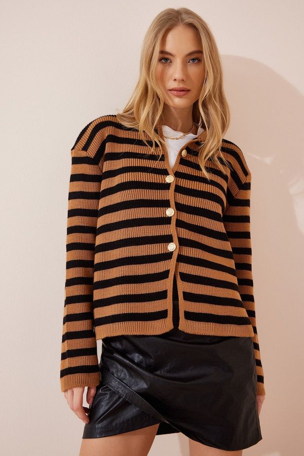 Happiness İstanbul Happiness İstanbul Women's Camel Black Wadding Striped Knitwear Cardigan