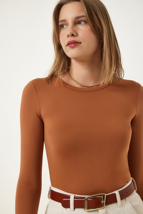Happiness İstanbul Happiness İstanbul Women's Camel Crew Neck Basic Viscose Knitted Blouse