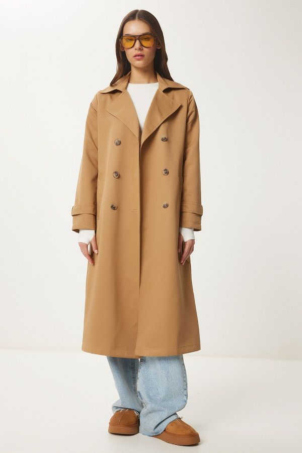 Happiness İstanbul Happiness İstanbul Women's Camel Double-Breasted Belted Seasonal Trench Coat