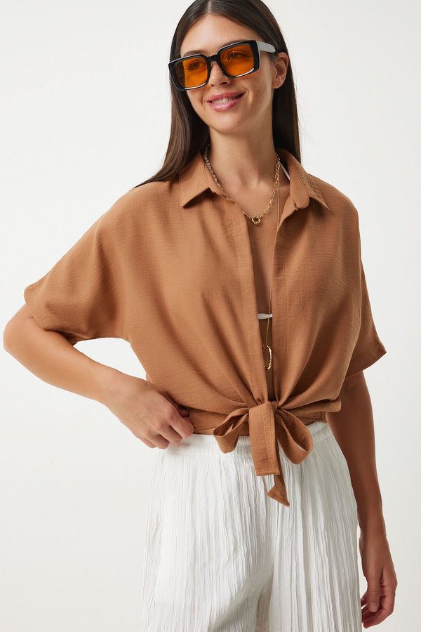 Happiness İstanbul Happiness İstanbul Women's Camel Tie Detailed Linen Blouse