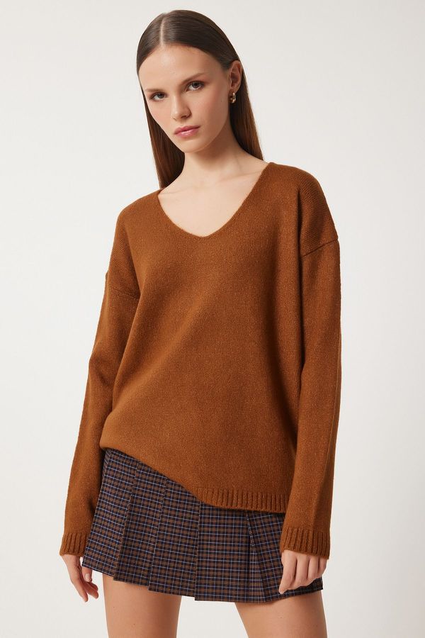 Happiness İstanbul Happiness İstanbul Women's Camel V Neck Knitwear Sweater