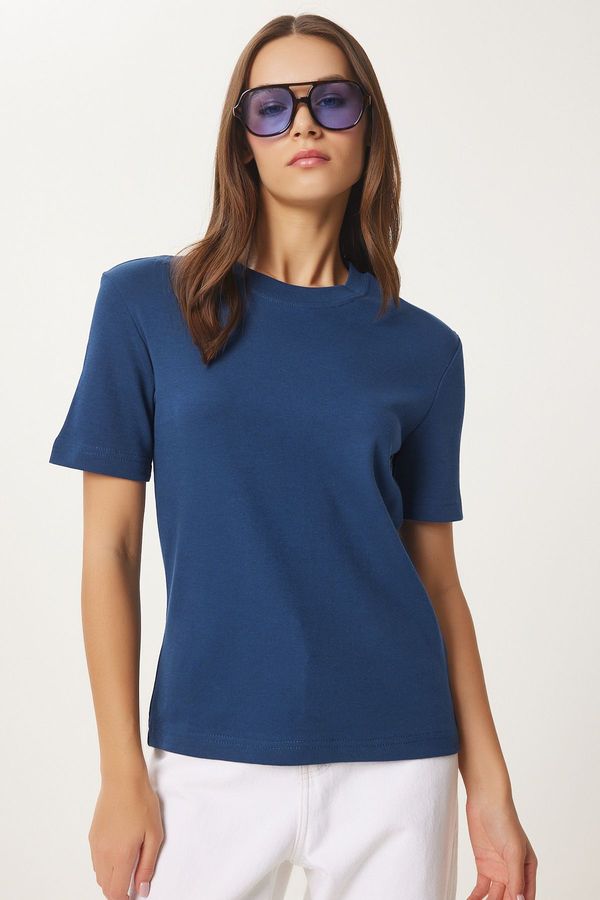 Happiness İstanbul Happiness İstanbul Women's Cobalt Blue Cotton Basic Knitted T-Shirt