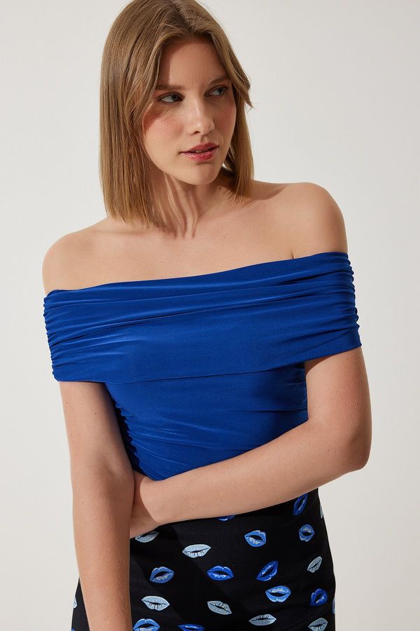 Happiness İstanbul Happiness İstanbul Women's Cobalt Blue Gathered Open Shoulder Sandy Blouse