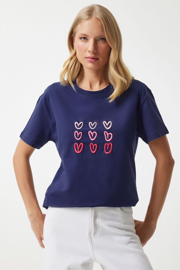 Happiness İstanbul Happiness İstanbul Women's Cobalt Blue Heart Embroidered Cotton T-Shirt