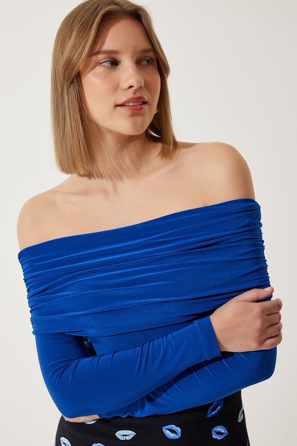 Happiness İstanbul Happiness İstanbul Women's Cobalt Blue Off-the-Shoulder Gather Detailed Blouse