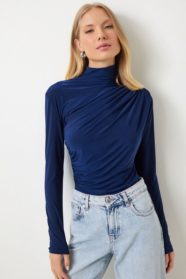 Happiness İstanbul Happiness İstanbul Women's Cobalt Blue Ruffle Detailed High Collar Sandy Blouse