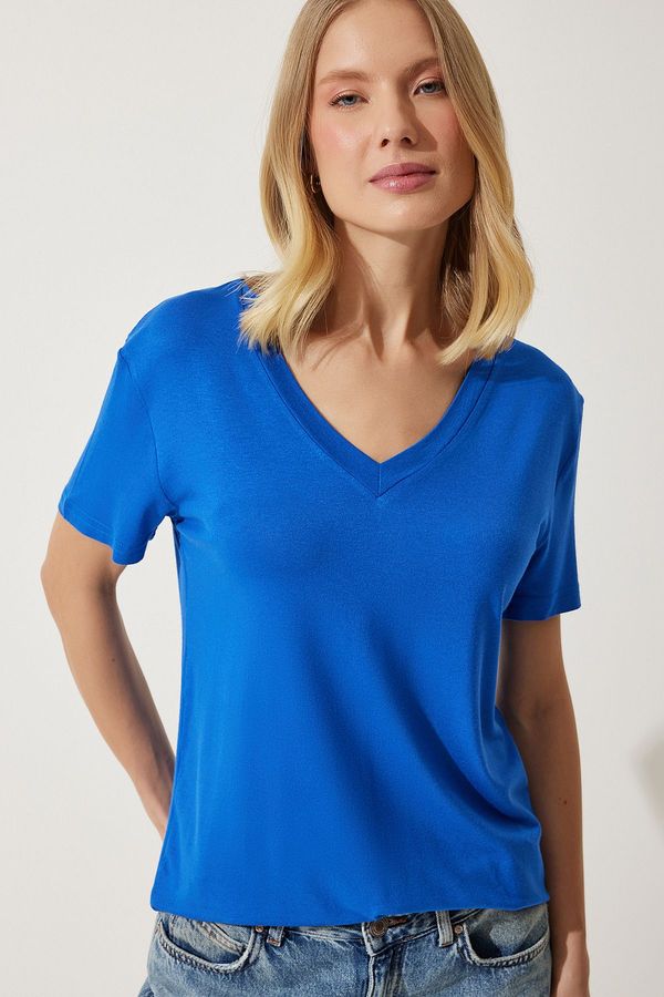 Happiness İstanbul Happiness İstanbul Women's Cobalt Blue V-Neck Basic Viscose Knitted T-Shirt