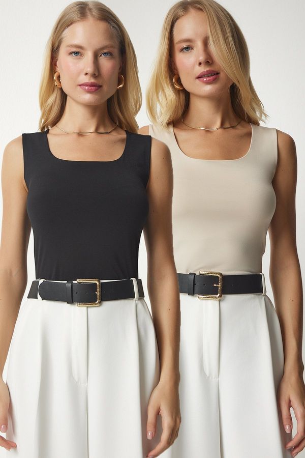 Happiness İstanbul Happiness İstanbul Women's Cream Black Sleeveless 2-Pack Sandy Blouse