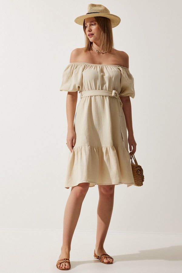 Happiness İstanbul Happiness İstanbul Women's Cream Carmen Collar Belted Summer Muslin Dress