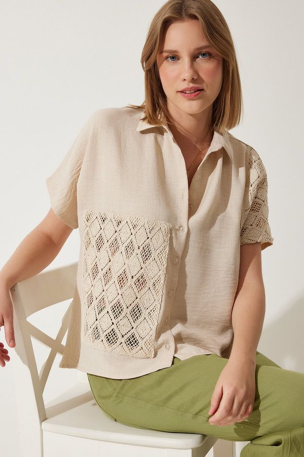 Happiness İstanbul Happiness İstanbul Women's Cream Crochet Lace Detailed Linen Shirt