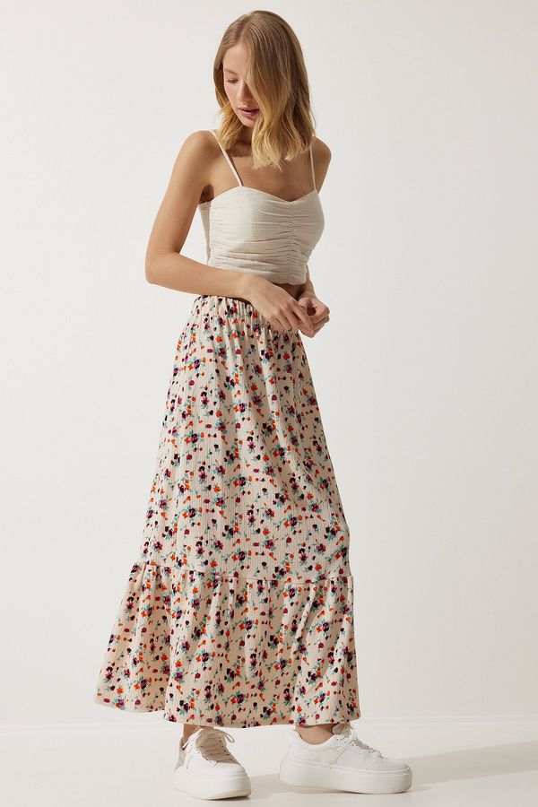Happiness İstanbul Happiness İstanbul Women's Cream Floral Flounce Viscose Skirt