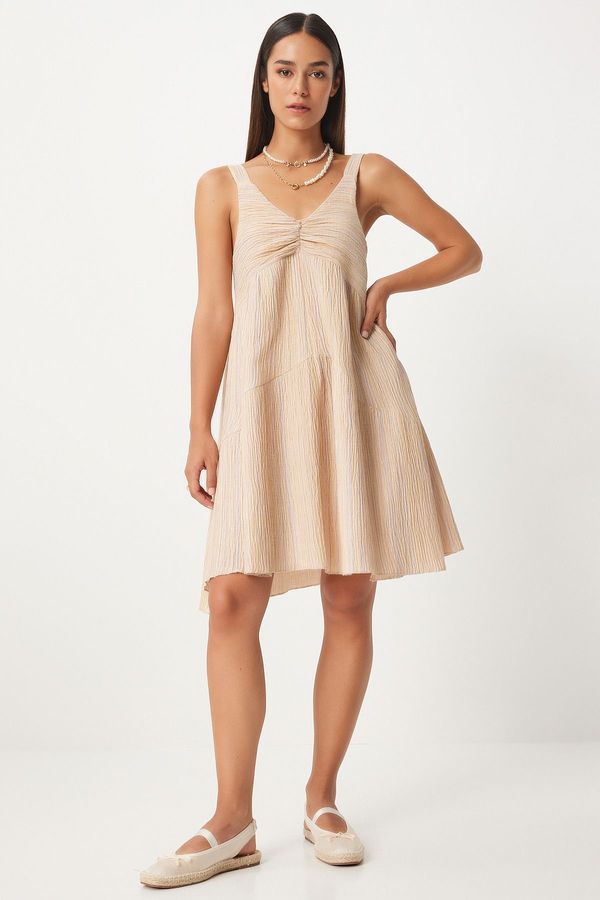 Happiness İstanbul Happiness İstanbul Women's Cream Gathered Collar A-Line Summer Knitted Dress