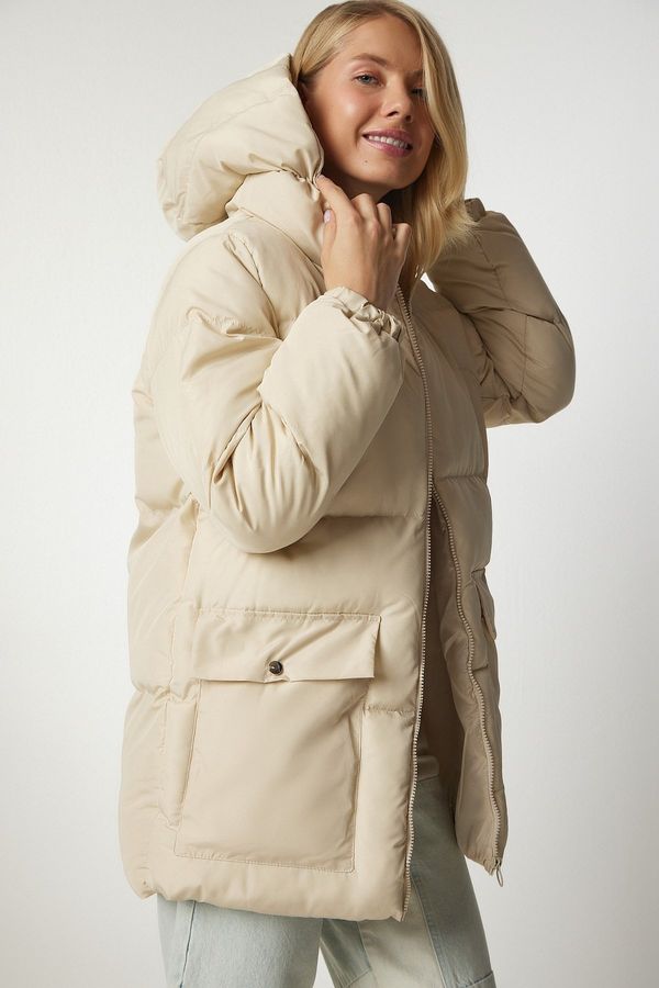 Happiness İstanbul Happiness İstanbul Women's Cream Hooded Puffer Coat