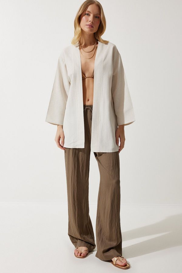 Happiness İstanbul Happiness İstanbul Women's Cream Loose Linen Viscose Kimono