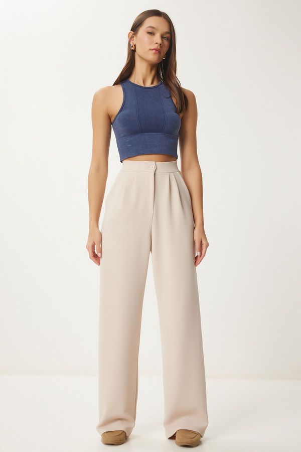 Happiness İstanbul Happiness İstanbul Women's Cream Lycra Comfortable Palazzo Knitted Trousers