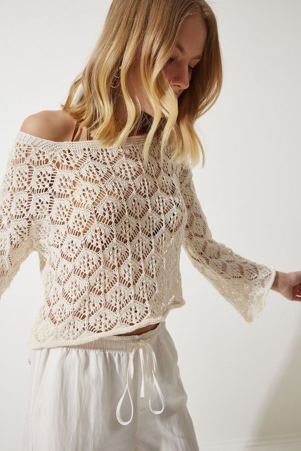 Happiness İstanbul Happiness İstanbul Women's Cream Openwork Crop Knitwear Blouse