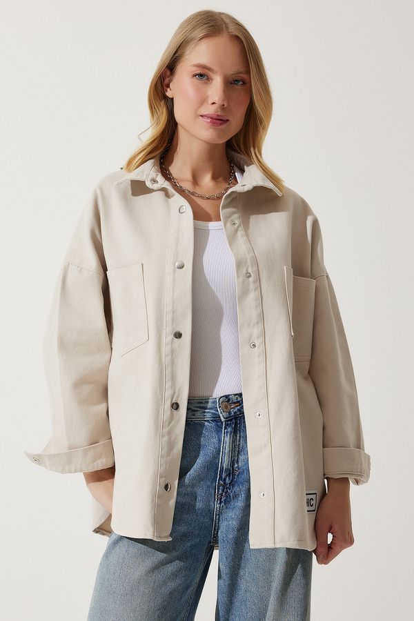 Happiness İstanbul Happiness İstanbul Women's Cream Oversize Gabardine Jacket with Pockets